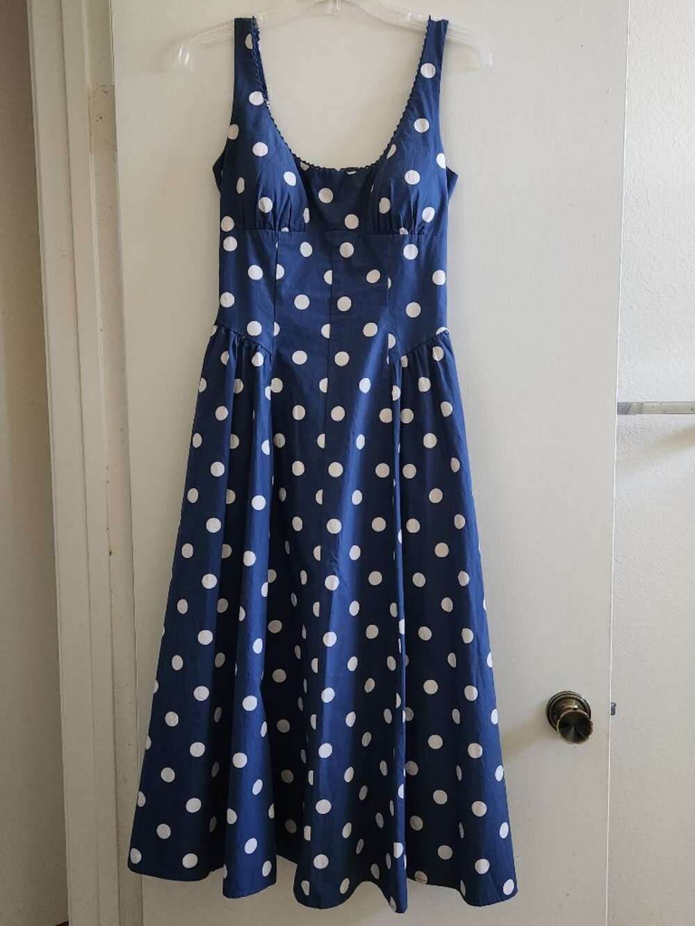 Abercrombie & Fitch Dylan Midi Dress Navy Blue Polka Dot Bra-Free 100% Cotton - Picture 2 of 5